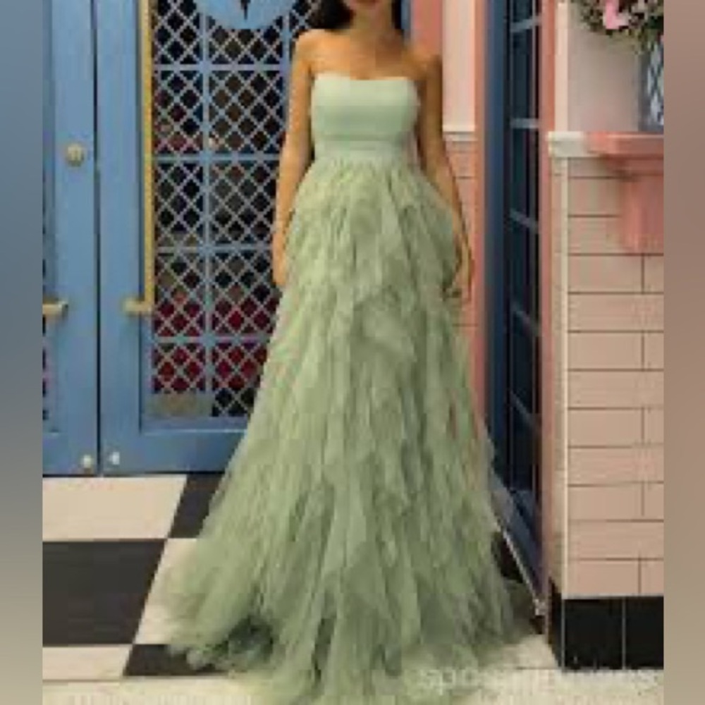 Symphony Strapless Sage Green Tulle Gown